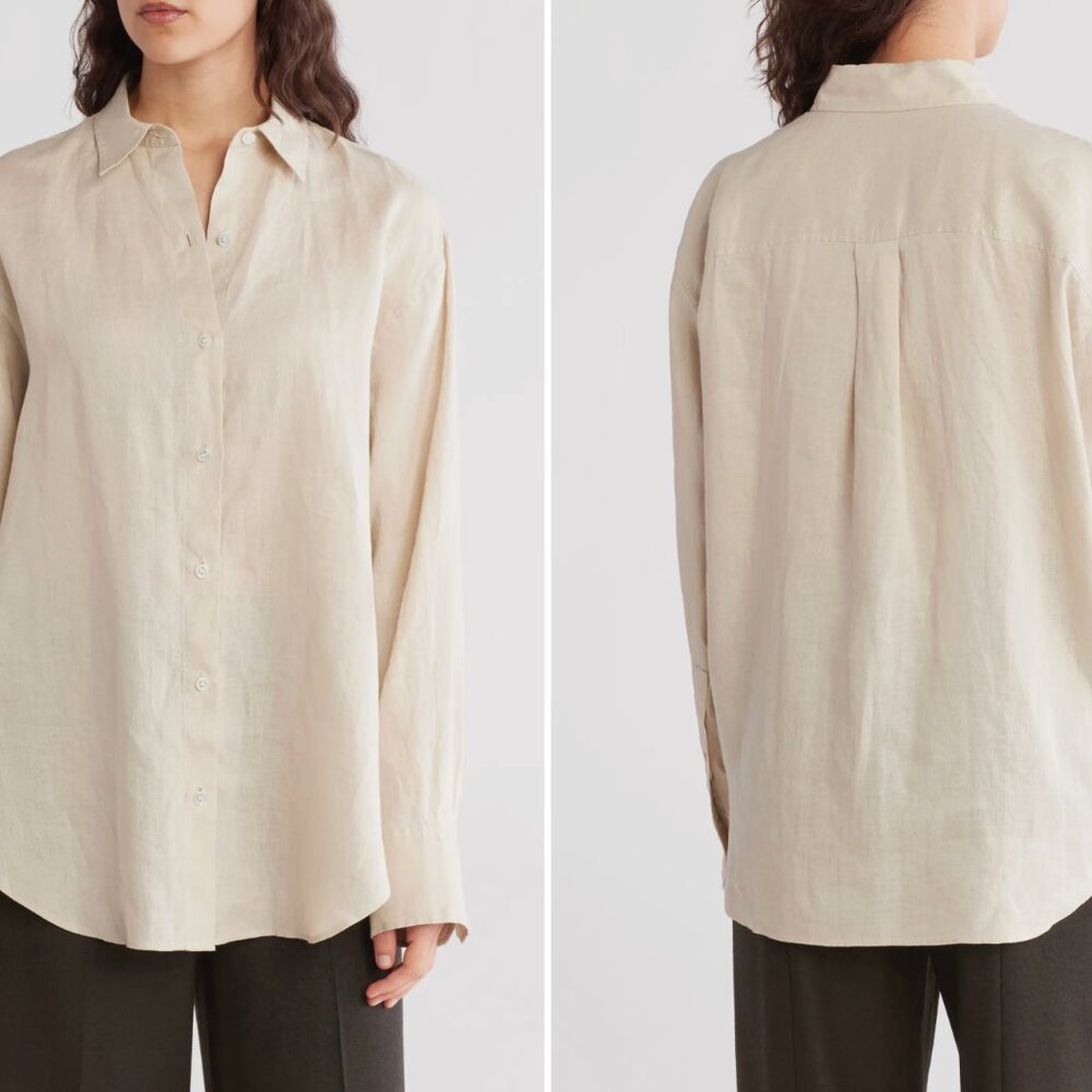 Theory Boyfriend Relaxed Linen Shirt Medium 100% Linen Beige Button Up